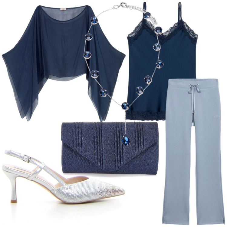 Outfit donna - Cerimonia contest. Stile Bon Ton per Cerimonia. Abbinamento con clutch, pantaloni, bolero, top, collane, décolleté.