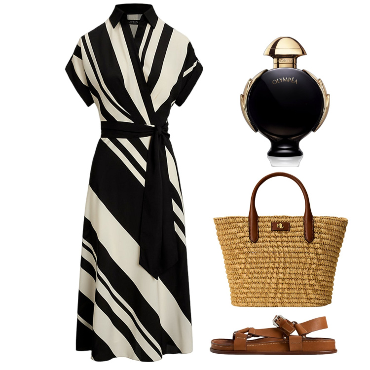 Outfit donna - Madrid. Stile Bon Ton per Tutti i giorni. Abbinamento con profumi, vestiti, borse tote, sandali in pelle.