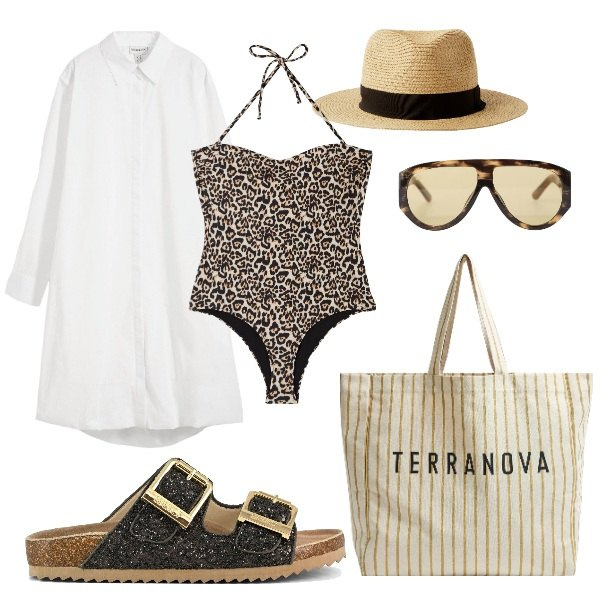 Outfit donna - lo chamisiere. Stile Sporty chic per Mare. Abbinamento con vestiti chemisier, costumi interi, borse tote, cappelli, occhiali da sole, sandali.