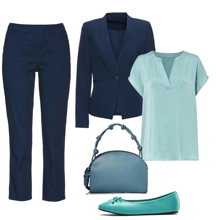 Outfit femme - Marine Menthe. Style Basique pour Bureau. Assortir avec pantalon , tuniques, blazers, ballerines, sacs en bandoulière.