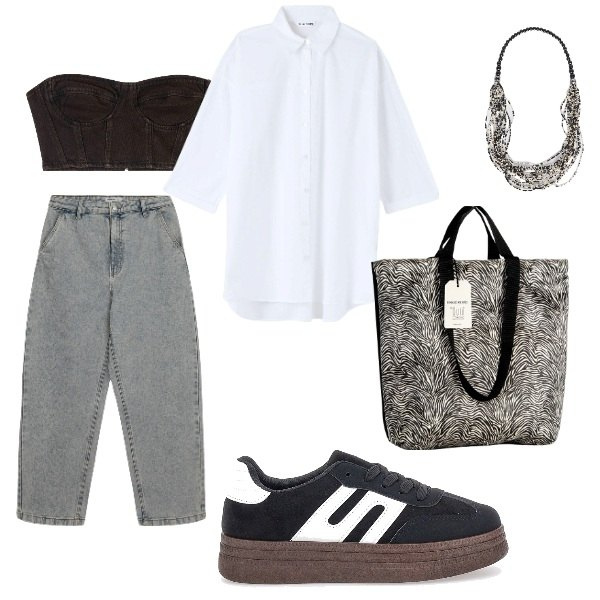 Outfit donna - la domenica a pranzo. Stile Urban per Tutti i giorni. Abbinamento con jeans, top, camicie, borse tote, sneakers, collane.