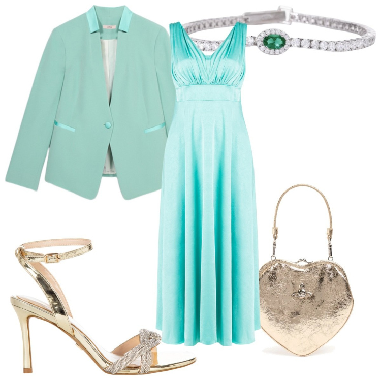 Outfit donna - Total look #2131738. Stile Glamour per Cerimonia. Abbinamento con braccialetti, vestiti lunghi, sandali col tacco, pochette, blazer.