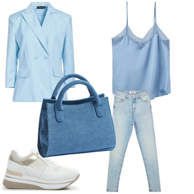 Outfit donna - Mrs.Jeans. Stile Casual per Ufficio. Abbinamento con blazer, jeans skinny, borse a tracolla, top, sneakers.
