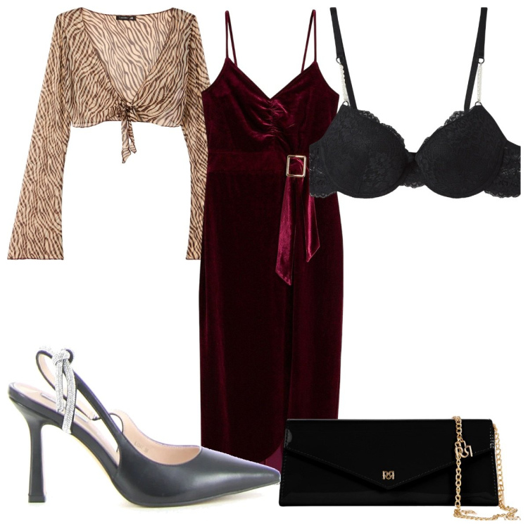 Outfit donna - Total look #2131761. Stile Sexy per Serata fuori. Abbinamento con vestiti midi/longuette, reggiseni a balconcino, bolero, pochette, décolleté.