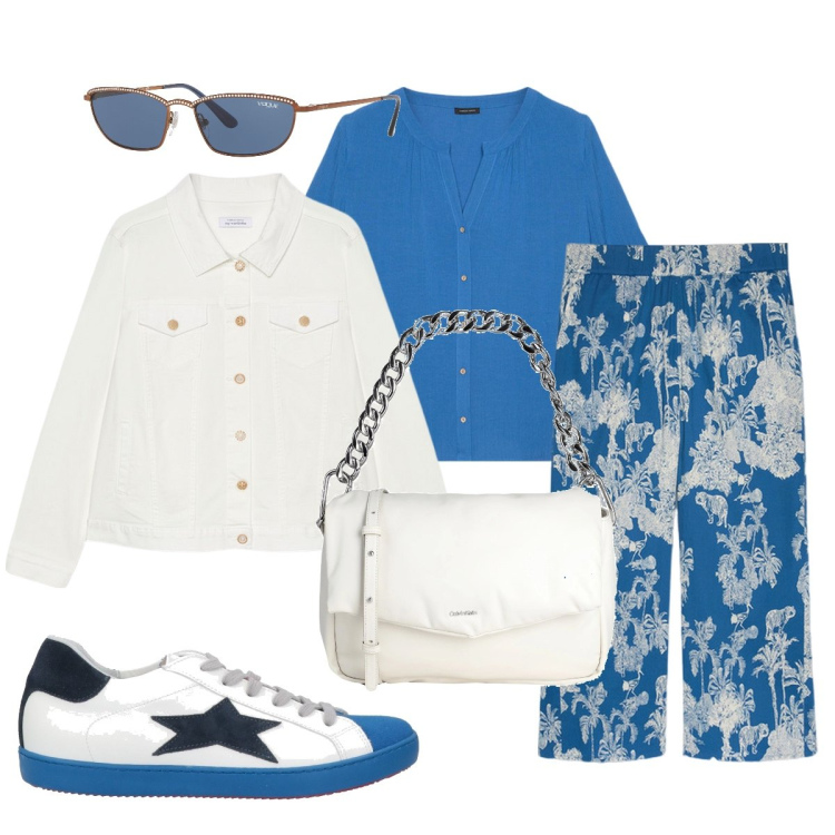 Outfit donna - In città. Stile Casual chic per Serata fuori. Abbinamento con occhiali da sole, borse a spalla, sneakers, pantaloni, camicie, blazer.