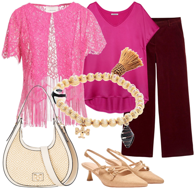 Outfit donna - Total look #2131777. Stile Casual chic per Tutti i giorni. Abbinamento con pantaloni, blazer, braccialetti, borse a mano, t-shirt, décolleté.
