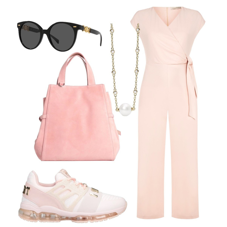 Outfit donna - Rosa cipria. Stile Sporty chic per Cerimonia. Abbinamento con sneakers, borse a mano, occhiali da sole, collane, tute.