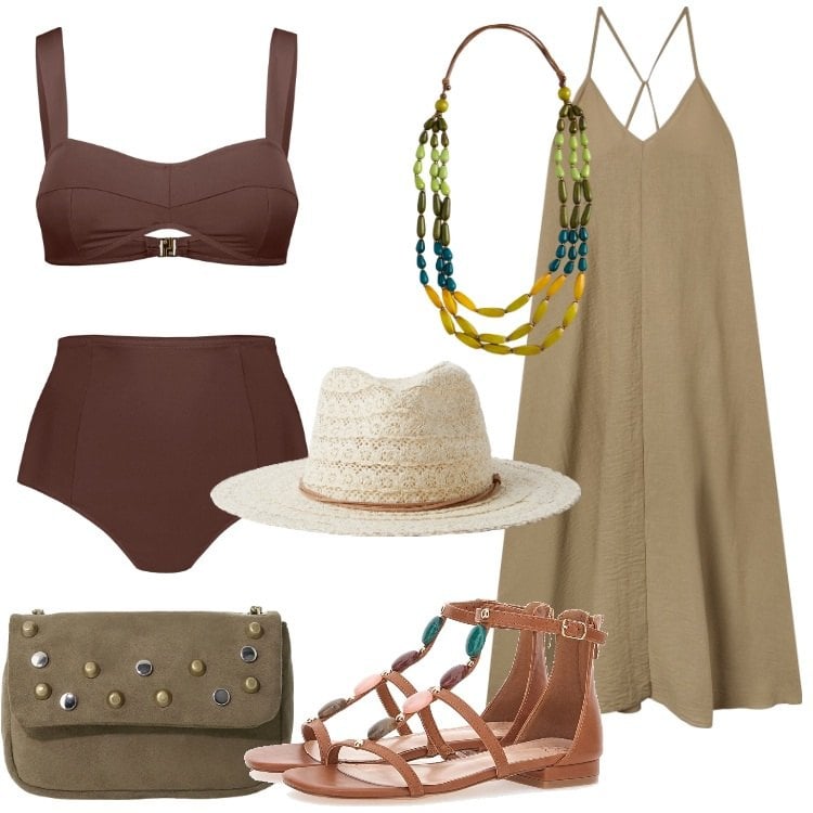 Outfit donna - Al mare con stile. Stile Boho per Mare. Abbinamento con vestiti lunghi, cappelli, borse a tracolla, bikini, sandali gioiello, collane.