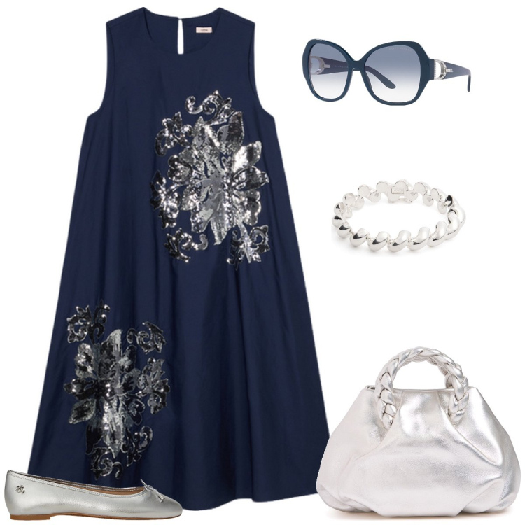 Outfit donna - Riflessi argento. Stile Chic per Tutti i giorni. Abbinamento con occhiali da sole, ballerine, vestiti midi/longuette, borse a mano, braccialetti.