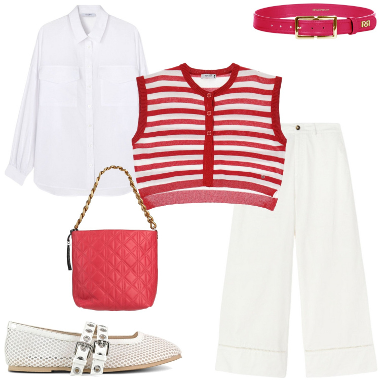 Outfit donna - Bianco e rosso. Stile Casual chic per Serata fuori. Abbinamento con borse a mano, cinture, gilet, ballerine, pantaloni, camicie.