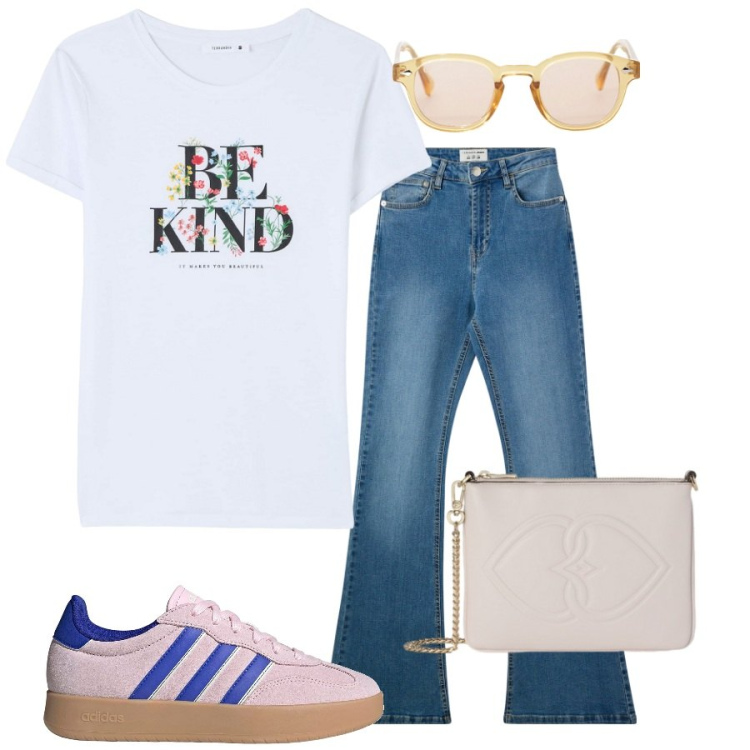 Outfit donna - Be kind. Stile Basic per Tutti i giorni. Abbinamento con jeans a zampa, t-shirt, occhiali da sole, sneakers, pochette.