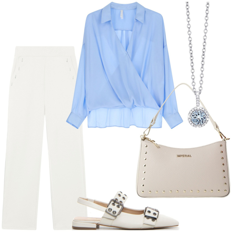 Outfit donna - Total look #2131908. Stile Chic per Ufficio. Abbinamento con collane, bluse, borse a spalla, pantaloni, décolleté.