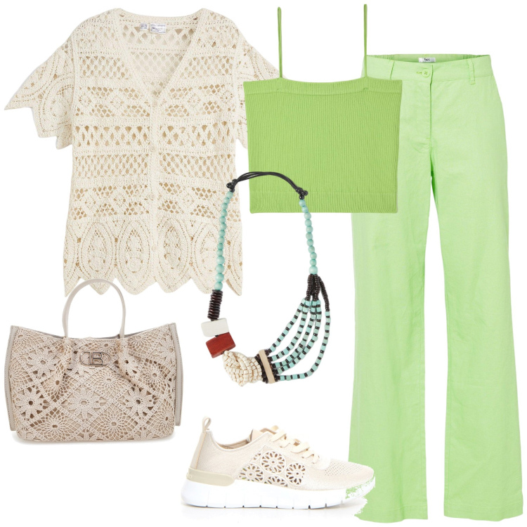 Outfit donna - Total look #2132003. Stile Casual chic per Tutti i giorni. Abbinamento con pantaloni, cardigans, canottiere, sneakers, collane, borse a tracolla.