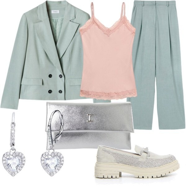 Outfit donna - Mannish a maggio. Stile Mannish per Cerimonia. Abbinamento con orecchini, pochette, mocassini, top, pantaloni a palazzo, blazer.
