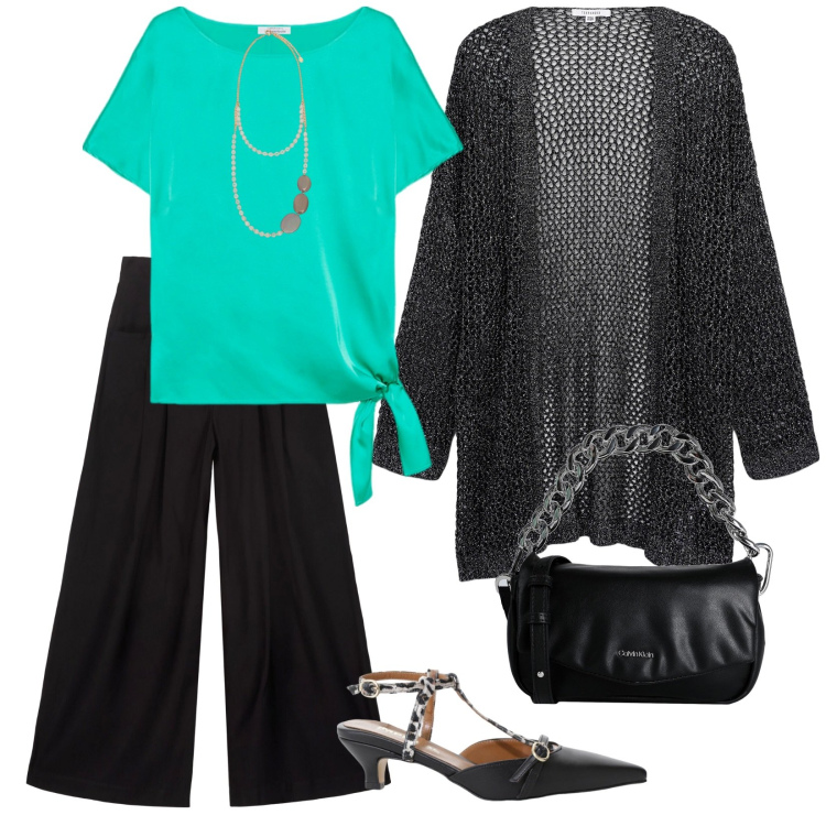 Outfit donna - Usciamo insieme. per Serata fuori. Abbinamento con borse a mano, kimono, décolleté, bluse, pantaloni, collane.
