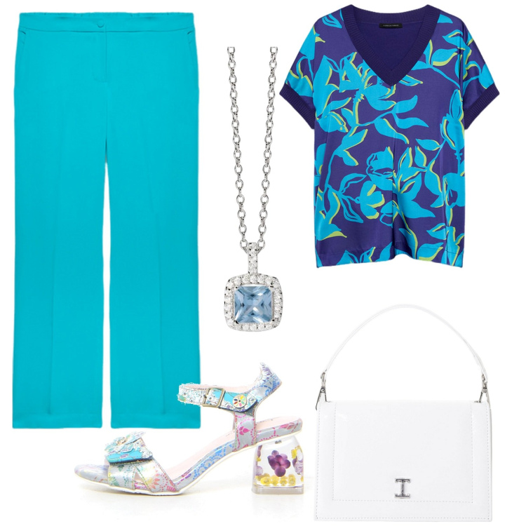 Outfit donna - Colori cielo. Stile Bon Ton per Ufficio. Abbinamento con collane, borse a tracolla, bluse, pantaloni, sandali col tacco.
