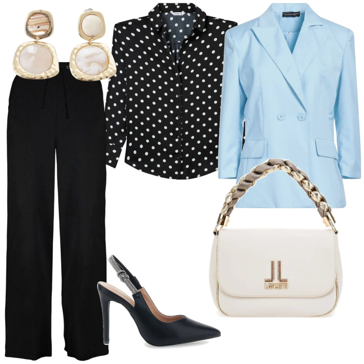 Outfit donna - Cerimonia di primavera. per Cerimonia. Abbinamento con pantaloni a palazzo, blazer, camicie, orecchini, décolleté, borse a tracolla.