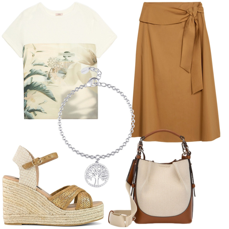 Outfit donna - Una t-shirt per amica. Stile Casual chic per Ufficio. Abbinamento con braccialetti con ciondoli, zeppe, gonne longuette, borse a mano, t-shirt.