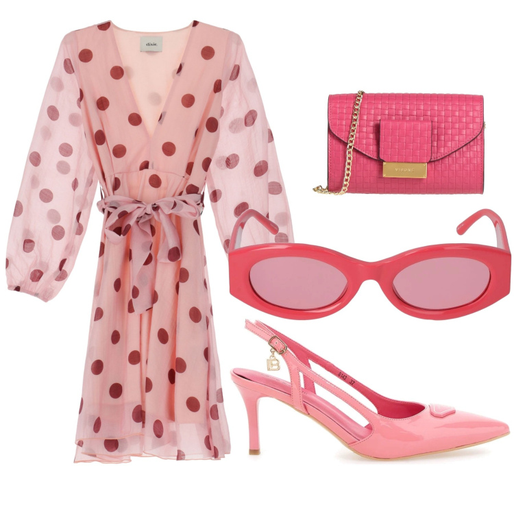Outfit donna - Pino pois. Stile Casual chic per Serata fuori. Abbinamento con borse a tracolla, vestiti corti, décolleté, occhiali da sole.