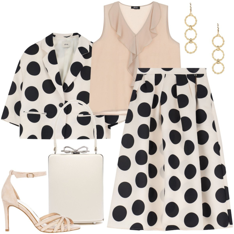 Outfit donna - Il completo a pois. Stile Chic per Cerimonia. Abbinamento con blazer, gonne longuette, top, sandali col tacco, orecchini, borse a mano.