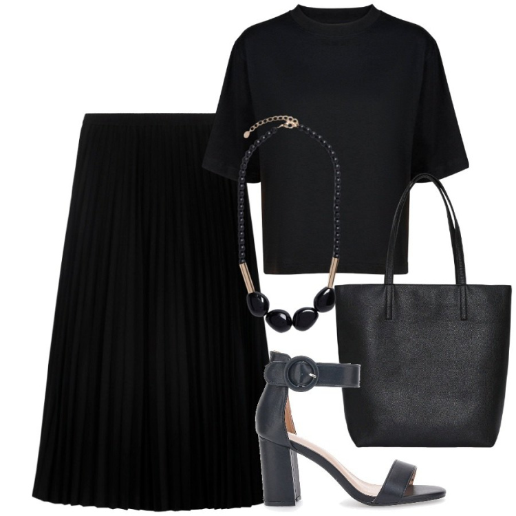 Outfit donna - Total black per non sbagliare. Stile Minimal per Ufficio. Abbinamento con borse tote, gonne longuette, t-shirt, sandali col tacco, collane.