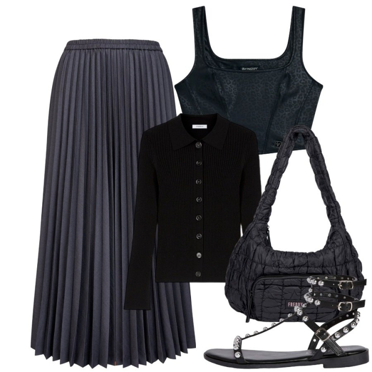 Outfit donna - Total black sempre vincente. Stile Minimal per Tutti i giorni. Abbinamento con sandali, borse a spalla, top, gonne longuette, cardigans.
