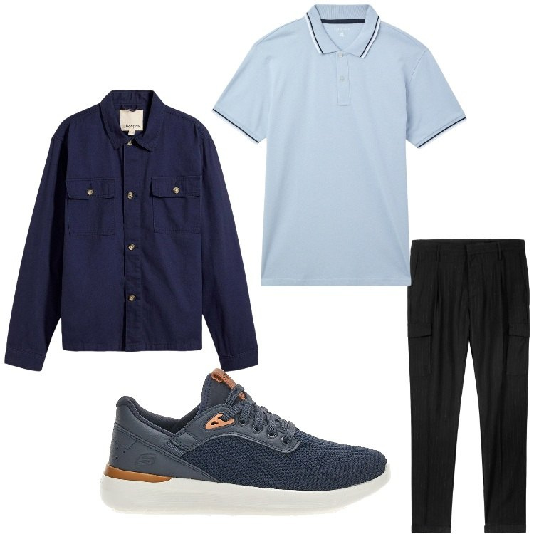 Outfit uomo - Amabilmente blu. Stile Casual per Tutti i giorni. Abbinamento con giacche, polo, pantaloni cargo, sneakers.