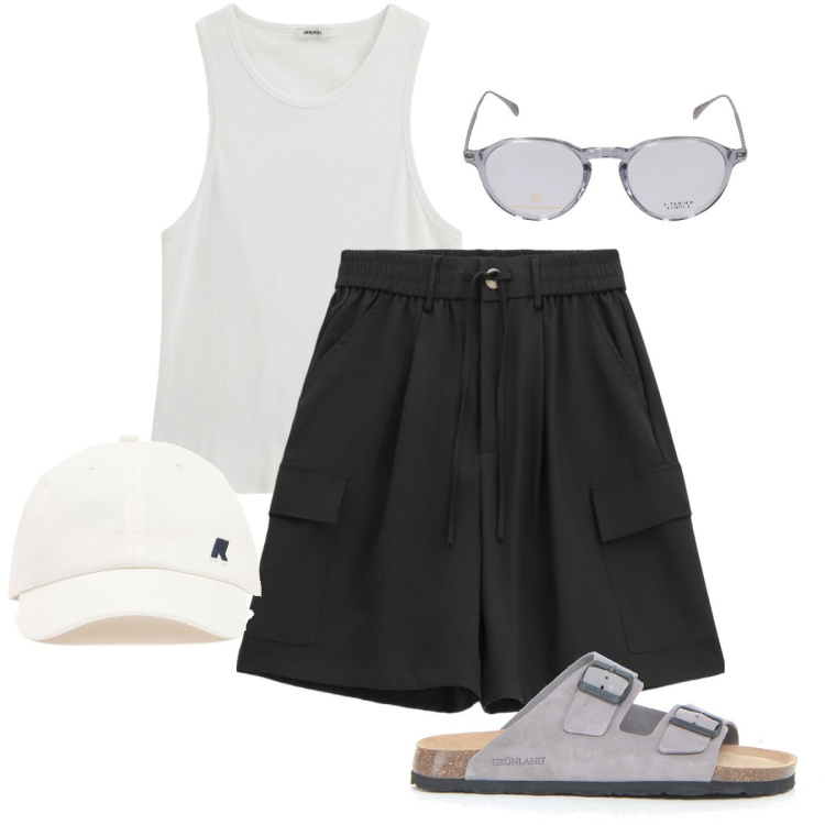 Outfit uomo - In terrazza. Stile Casual per Tutti i giorni. Abbinamento con canottiere, bermuda, occhiali da sole, cappelli, sandali.