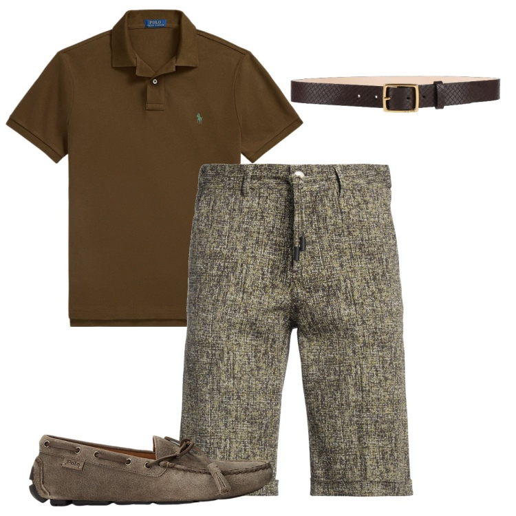 Outfit uomo - Gli shorts tweed. Stile Business/Elegante per Serata speciale. Abbinamento con cinture, shorts, scarpe stringate, polo.