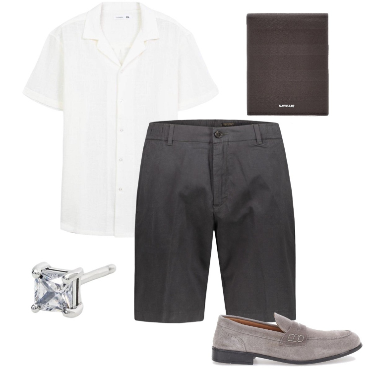 Outfit uomo - Gli shorts sartoriali. Stile Business/Elegante per Serata speciale. Abbinamento con camicie a manica corta, orecchini, bermuda, scarpe stringate, portafogli.