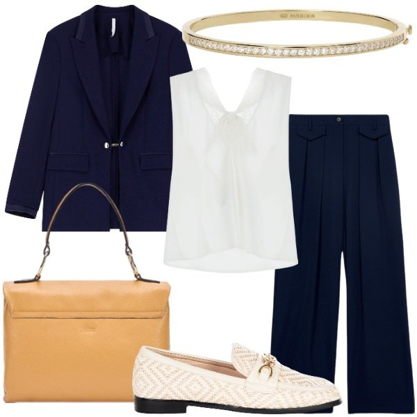 Outfit donna - Mannish a maggio chic. Stile Mannish per Cerimonia. Abbinamento con top, blazer, braccialetti, mocassini, borse a cartella, pantaloni a palazzo.