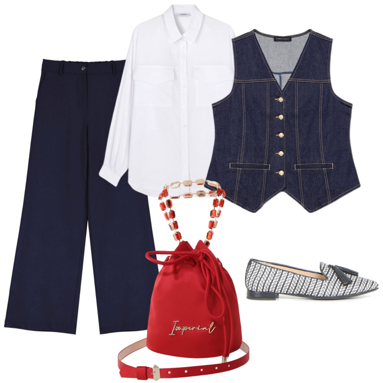 Outfit donna - Mannish con il Gilet in jeans. Stile Mannish per Ufficio. Abbinamento con borse a secchiello, pantaloni a palazzo, gilet, mocassini, camicie.
