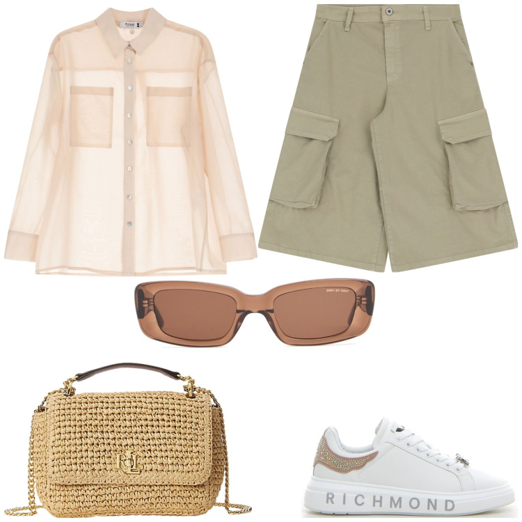 Outfit donna - Nel traffico della città. Stile Casual chic per Tutti i giorni. Abbinamento con camicie, bermuda, borse a spalla, occhiali da sole, sneakers.