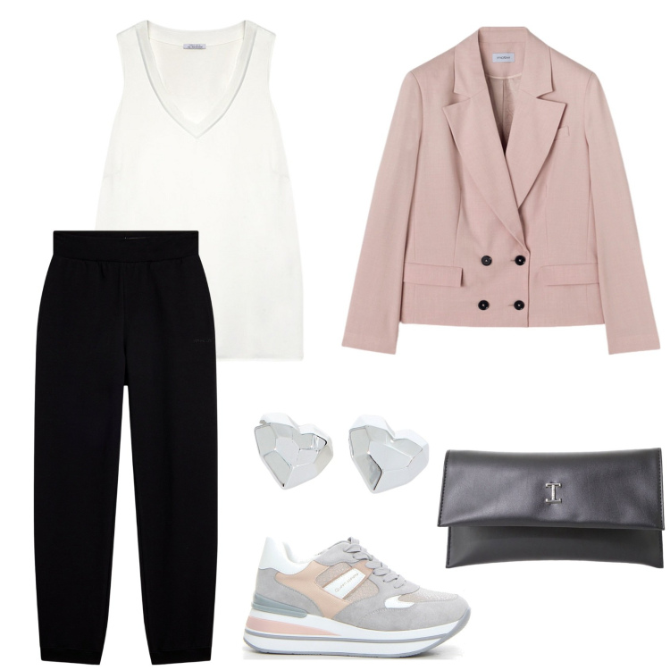 Outfit donna - Fleure. Stile Casual per Tutti i giorni. Abbinamento con pochette, pantaloni, orecchini, top, sneakers, blazer.