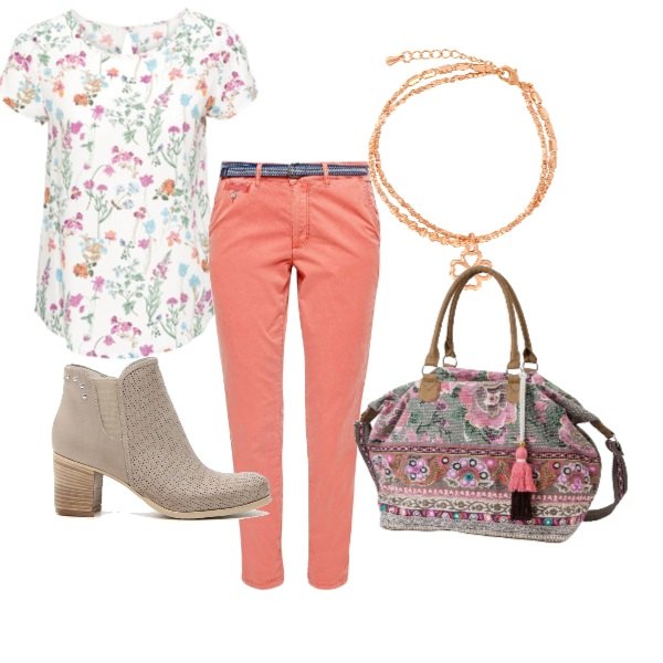 Outfit donna - Urban #9867. Stile Urban per Tutti i giorni. Abbinamento con bluse, shopping bag con zip e tasca interna vivace, pantalone arancione, stivaletti, bracciale.