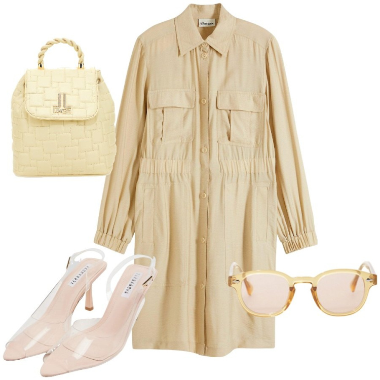 Outfit donna - Perfetta nei toni chiari. Stile Chic per Tutti i giorni. Abbinamento con vestiti chemisier, sandali col tacco, occhiali da sole, zaini.