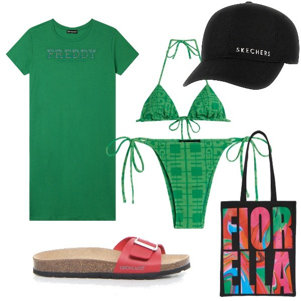 Outfit donna - fiorella. Stile Urban per Mare. Abbinamento con vestiti, bikini, bikini, borse tote, cappelli, ciabatte.