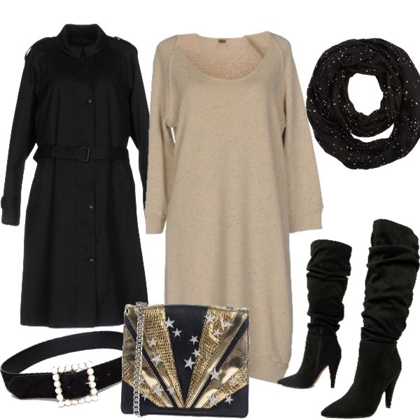 Outfit donna - Gold & black. Stile Trendy per Serata fuori. Abbinamento con vestito corto, borsa a tracolla mini contrasto effetto laminato con zip interno in pelle in pelle con tasca interna, soprabito, stivali al ginocchio con ruches e zip a punta in denim, cintura con perle e stampa con fibbia lunghezza regolabile nero, sciarpa in denim.