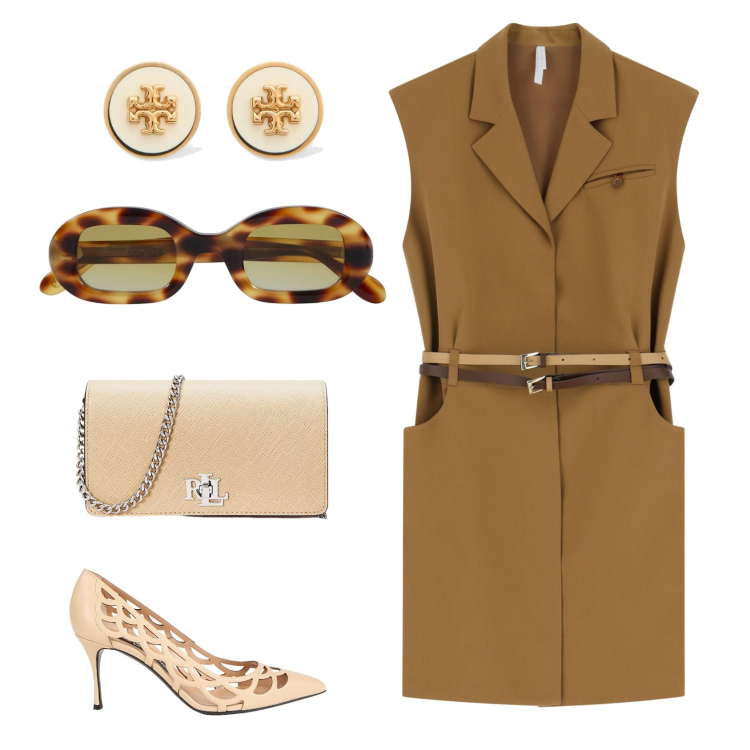 Outfit donna - One. Stile Casual chic per Tutti i giorni. Abbinamento con décolleté, vestiti corti, borse a tracolla, occhiali da sole, orecchini.