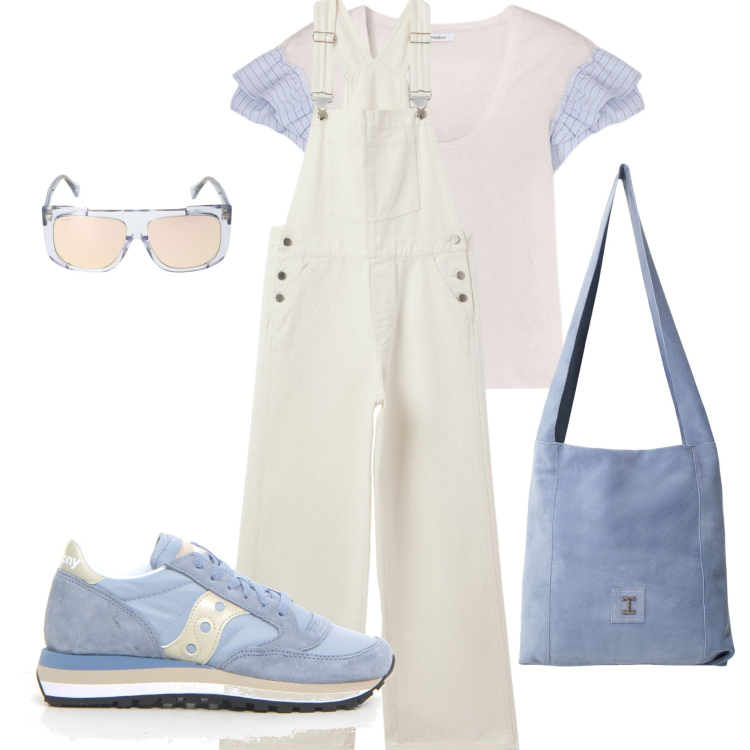 Outfit donna - Salopette bianca. Stile Casual per Scuola/Università. Abbinamento con salopette, borse a tracolla, sneakers, t-shirt, occhiali da sole.