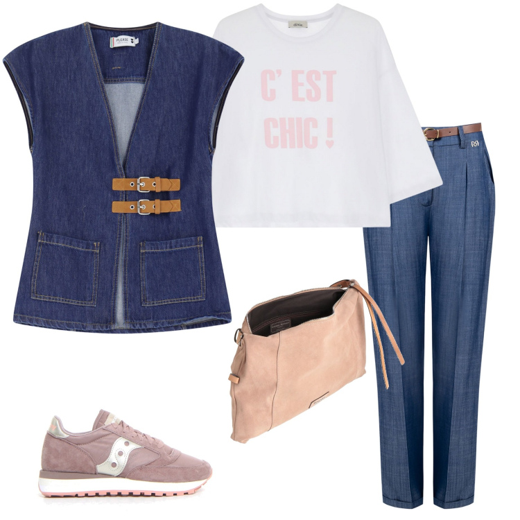 Outfit donna - Gilet in jeans. Stile Casual per Tutti i giorni. Abbinamento con borse a tracolla, pantaloni, gilet, t-shirt, sneakers.