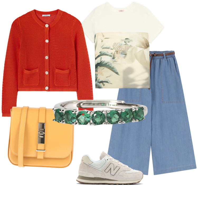 Outfit donna - Total look #2132406. Stile Casual per Tutti i giorni. Abbinamento con borse a tracolla, anelli, sneakers, jeans, t-shirt, cardigans.