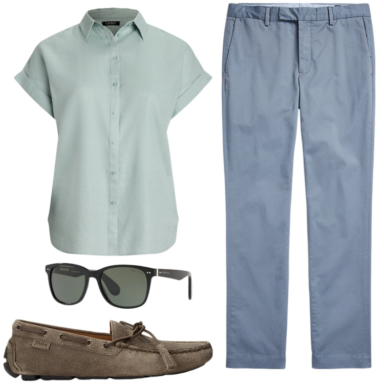 Outfit uomo - Total look #2132413. Stile Casual per Tutti i giorni. Abbinamento con scarpe stringate, occhiali da sole, pantaloni chino, camicie a manica corta.