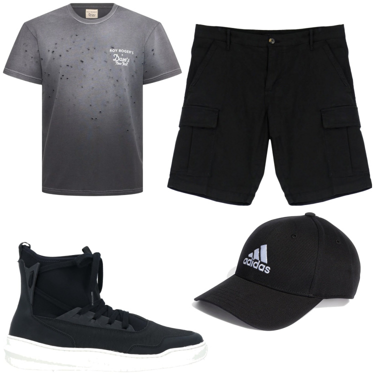 Outfit uomo - Partita a basket. Stile Casual per Sport. Abbinamento con sneakers, bermuda, cappelli con visiera, t-shirt.