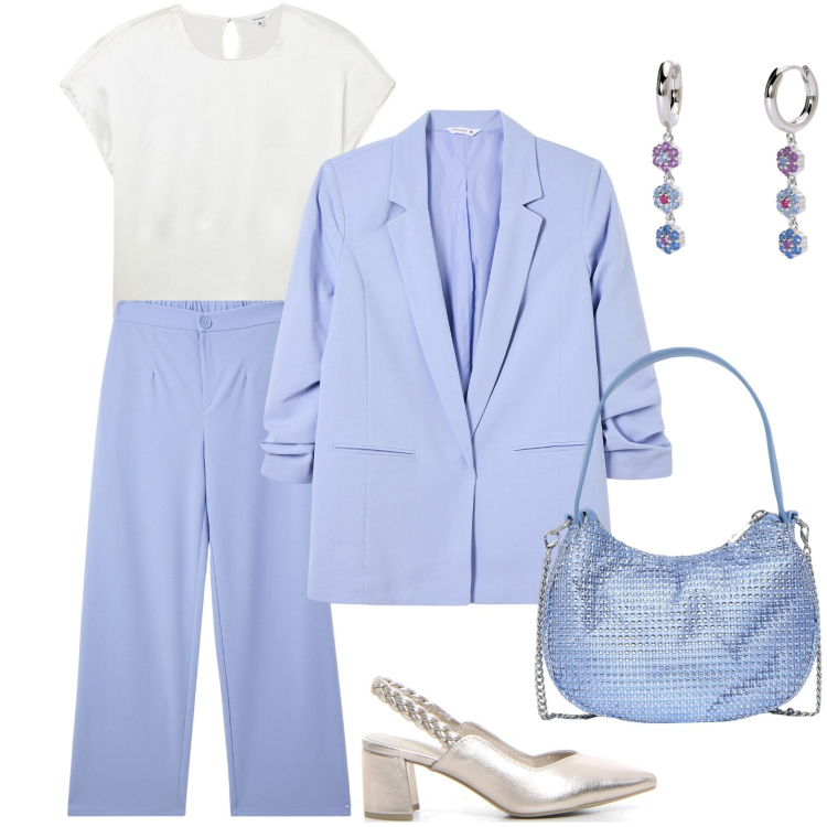 Outfit donna - Il tailleur violetto. Stile Basic per Ufficio. Abbinamento con bluse, blazer, borse a spalla, pantaloni, orecchini, décolleté.