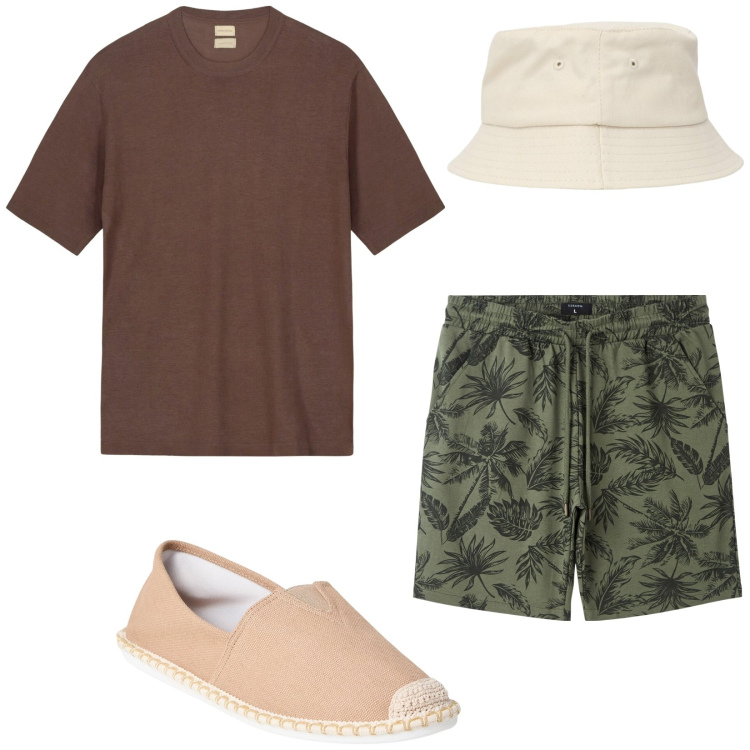 Outfit uomo - Gita sul lago. Stile Casual per Tutti i giorni. Abbinamento con bermuda, espadrillas, cappelli, t-shirt.