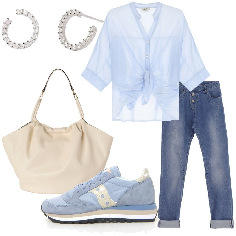 Outfit donna - New Shop: Boscaini Scarpe!. Stile Casual per Scuola/Università. Abbinamento con orecchini, jeans slim fit, camicie, borse a secchiello, sneakers.