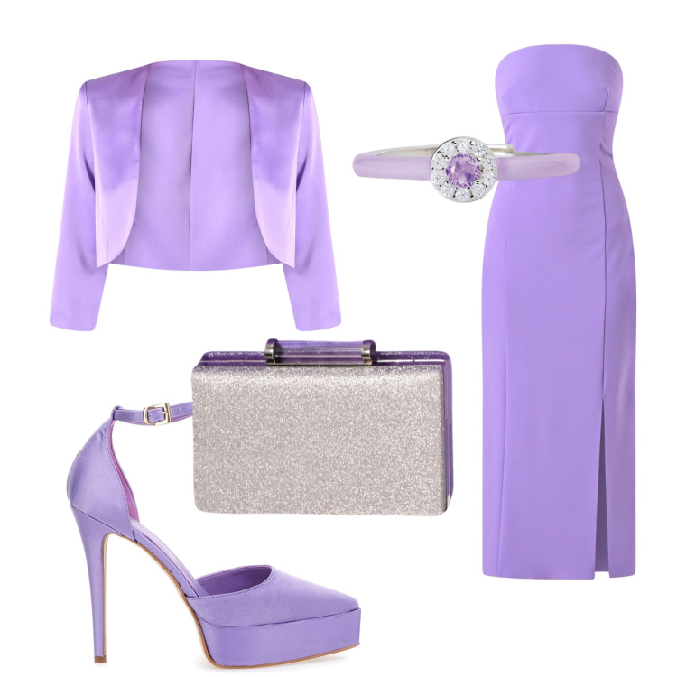 Outfit donna - Cerimonia in lavanda. Stile Glamour per Cerimonia. Abbinamento con anelli, vestiti midi/longuette, pochette, bolero, décolleté.