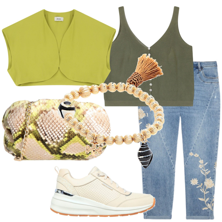 Outfit donna - Total look #2132436. Stile Casual per Tutti i giorni. Abbinamento con braccialetti, borse a tracolla, top, gilet, jeans, sneakers.