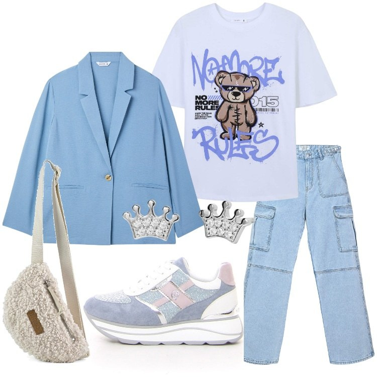Outfit donna - Una t-shirt per amica - @danipoetessa73. Stile Urban per Tutti i giorni. Abbinamento con jeans, t-shirt, blazer, orecchini, marsupi, sneakers.